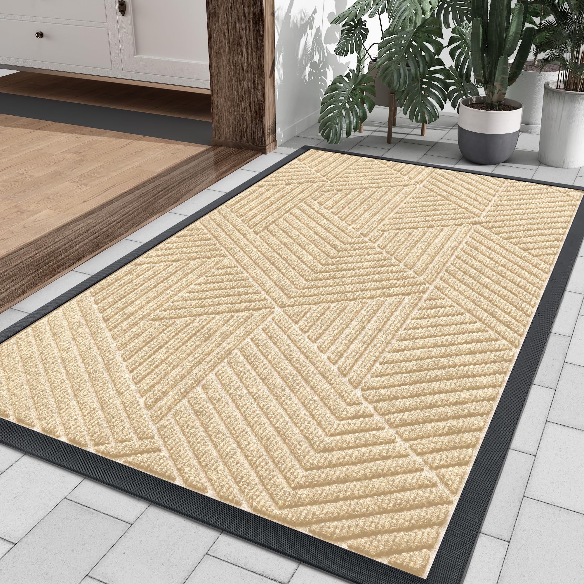 Smiry Front Door Mat Outside Entrance, Heavy Duty Natural Rubber Mat, Sturdy Trap Dirt And Moisture Indoor Outdoor Door Mat, Easy Clean Low Profile Doormat Outdoor Entrance, 36X24 Inch, Beige